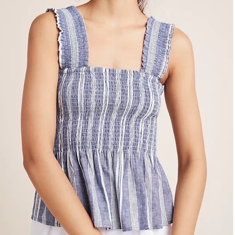 Maeve Anthropologie Blue White Striped Smocked Peplum Linen Blend Tank Top Small